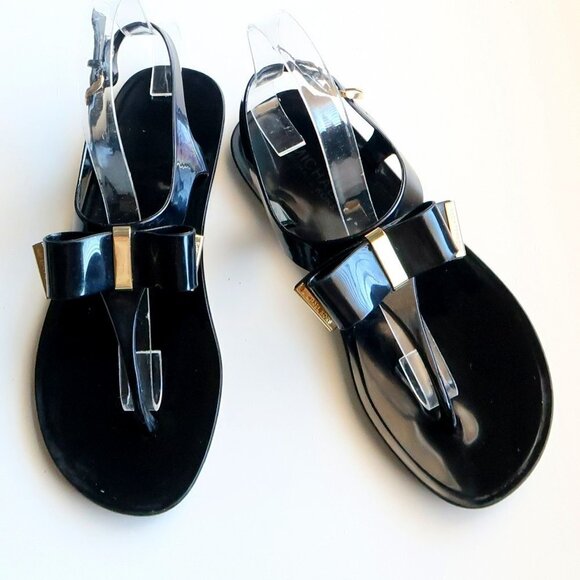 Michael Kors Black Jelly Flat Thong Sandals Summer Shoes with Bow Size 6 - Picture 1 of 15